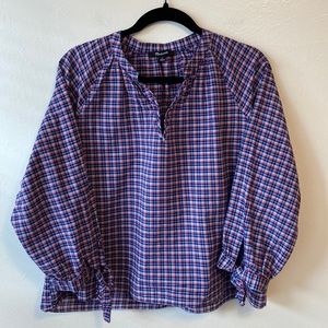 Madewell prairie style blue and red plaid cotton blouse balloon sleeves size L
